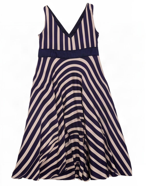 Monsoon Womens Sleeveless A-Line Dress UK 14 Large Navy Blue Striped Silk