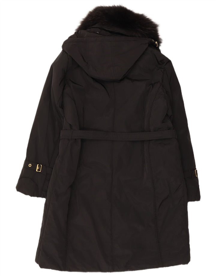 Vintage Womens Hooded Overcoat IT 47 Large Black Polyester