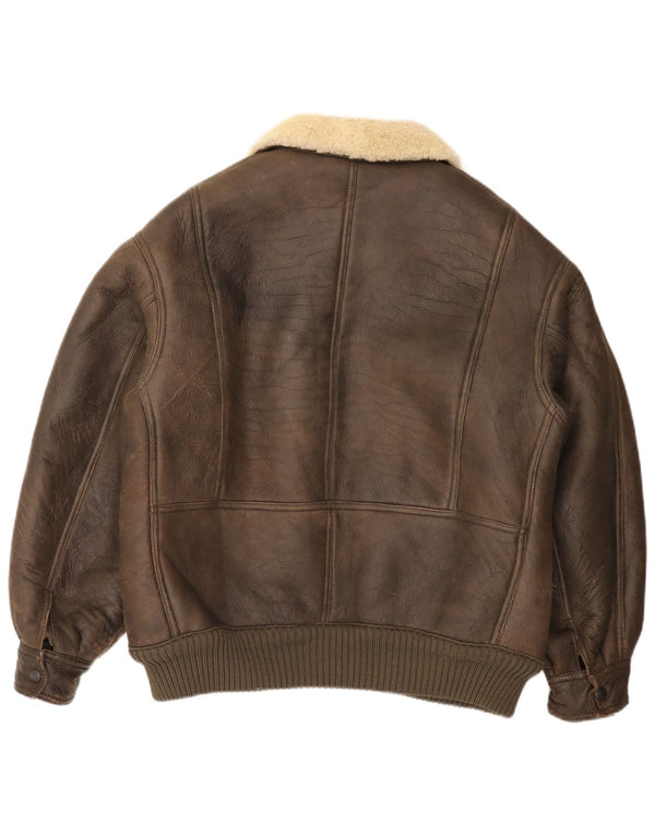 Giubbotto bomber in shearling da uomo vintage UK 36 piccolo marrone