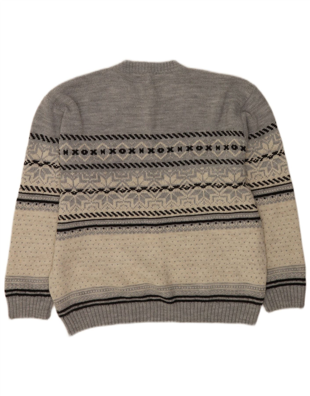 Vintage Mens Crew Neck Jumper Sweater Medium Grey Fair Isle Acrylic