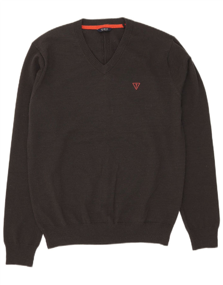 Guess Mens V-Neck Jumper Sweater Medium Grey Acrylic