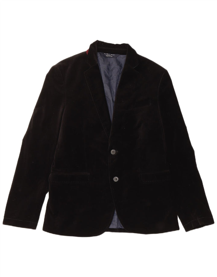 Zara Mens 2 Button Velvet Blazer Jacket EU 50 Medium Black Cotton