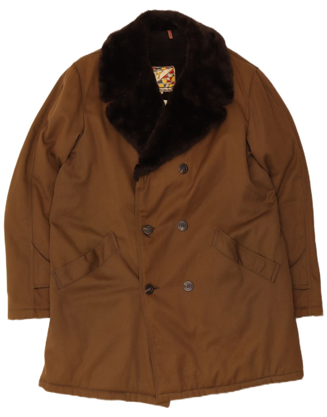 Vintage Mens Double Breasted Coat EU 54 2XL Brown Polyester