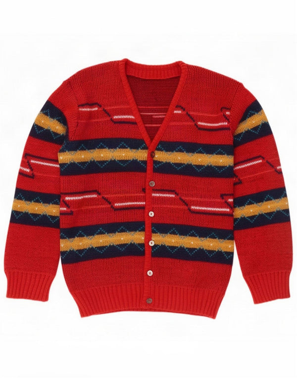 Vintage Mens Cardigan Sweater Medium Red Geometric Acrylic