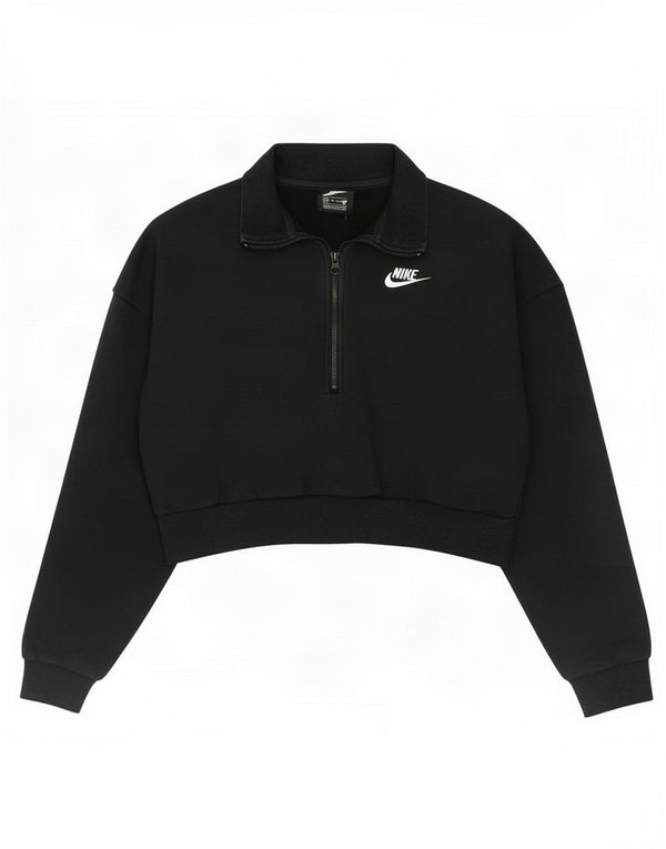 Nike Womens Crop Oversized Zip Neck Sweatshirt Jumper UK 6 XS Black Bomuld