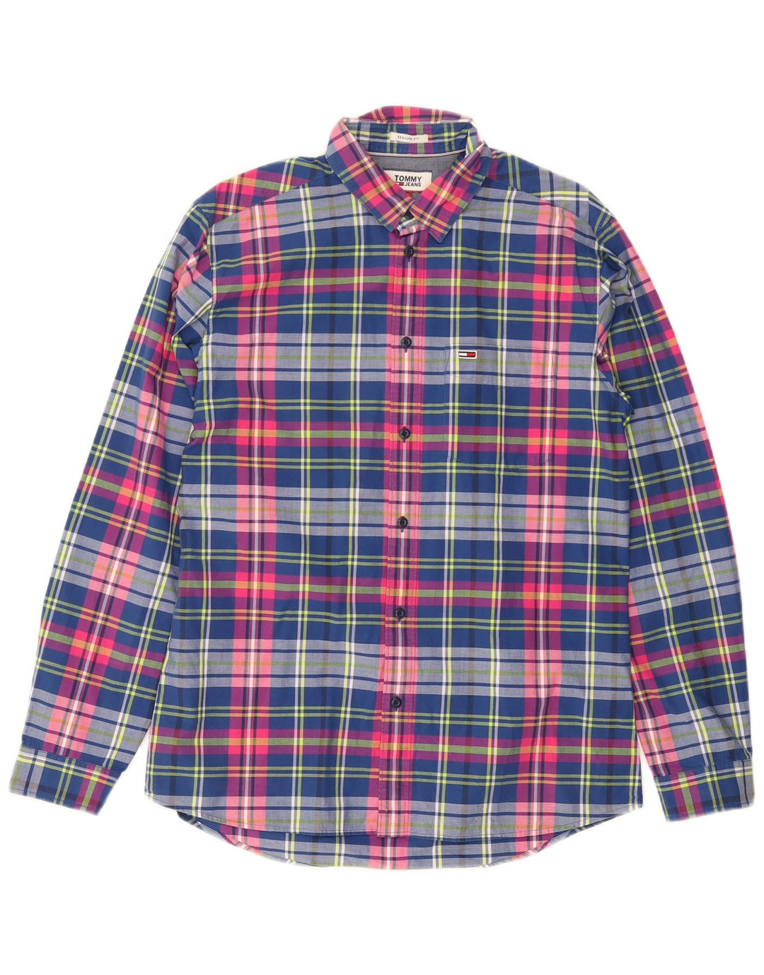 Tommy Hilfiger Mens Regular Fit Shirt Medium Navy Blue Check Cotton