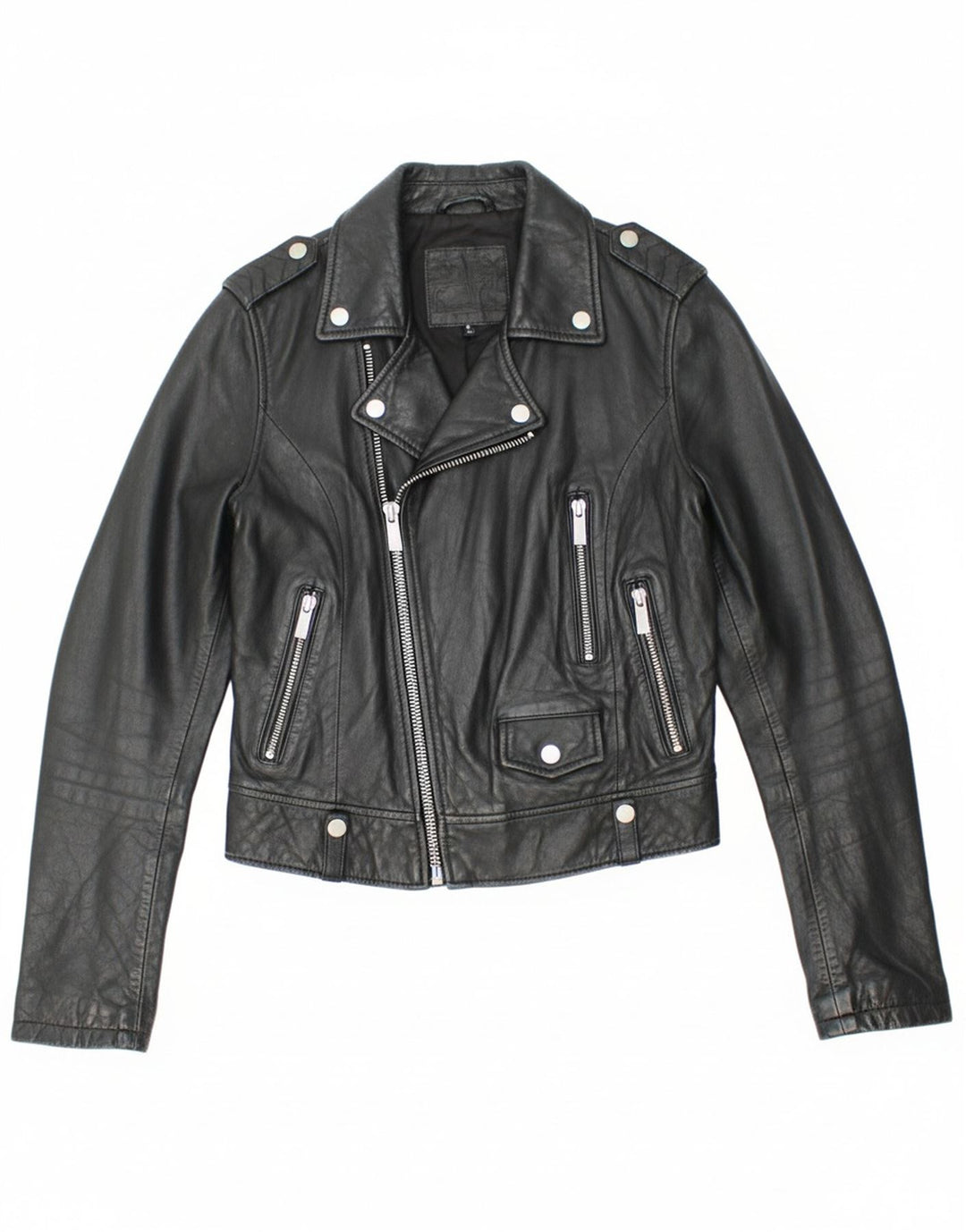 BERSHKA Womens Crop Leather Biker Jacket UK 10 Small Black Leather