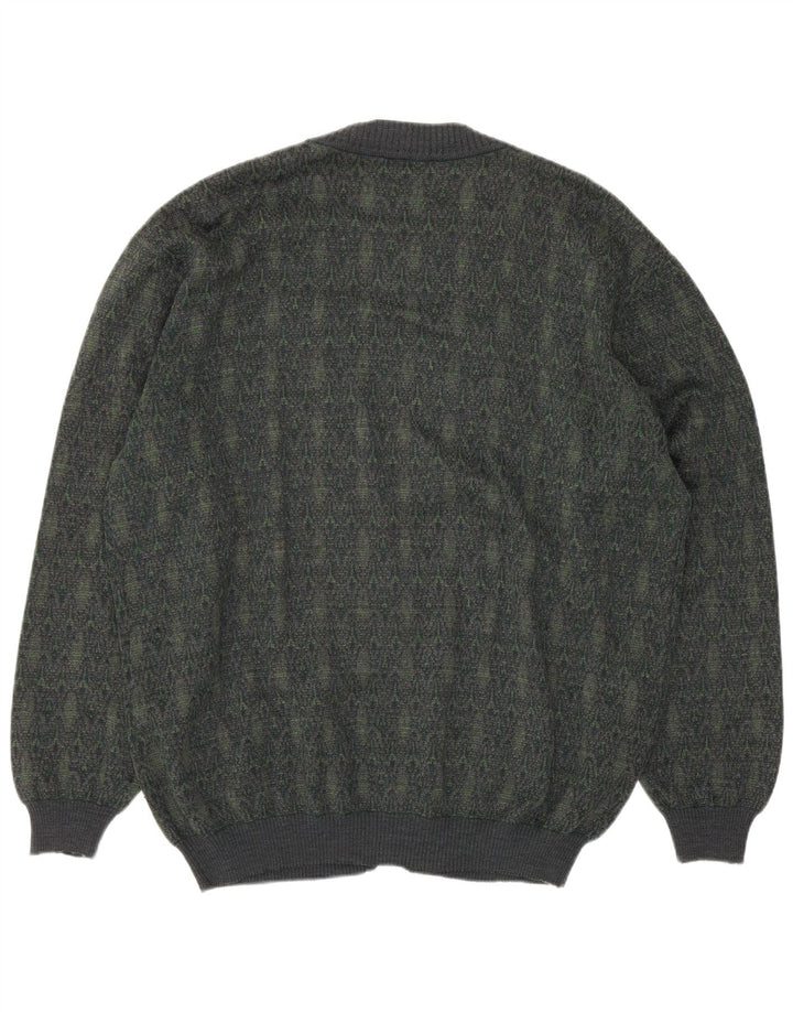 Maglione cardigan da uomo vintage in lana geometrica verde grande