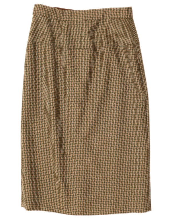 Vintage Womens High Waist Midi Skirt W28 Medium Khaki Houndstooth