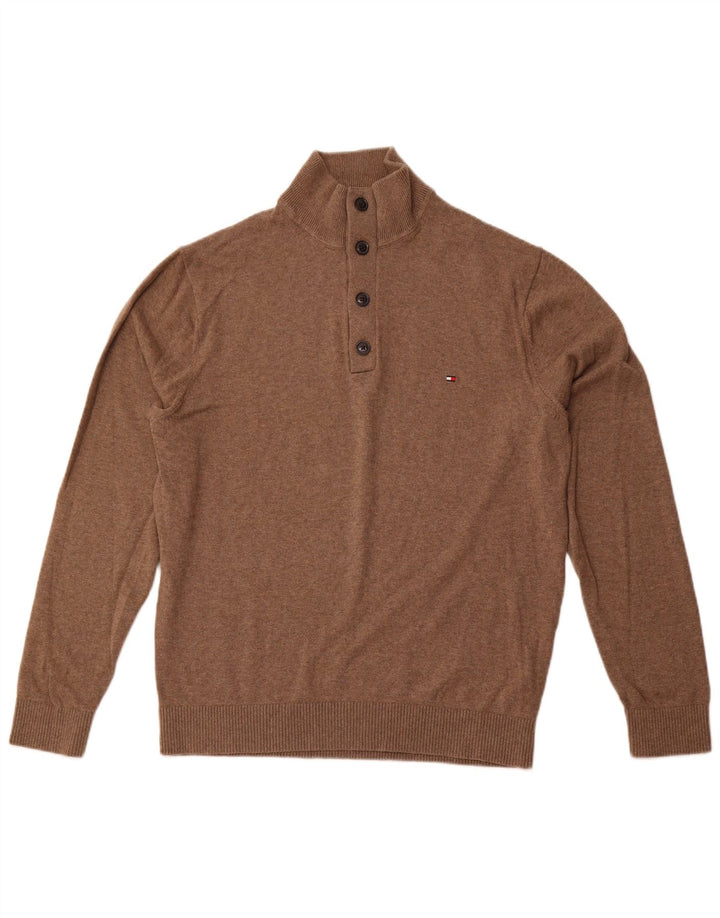 TOMMY HILFIGER Mens Button Neck Jumper Sweater 2XL Brown Cotton