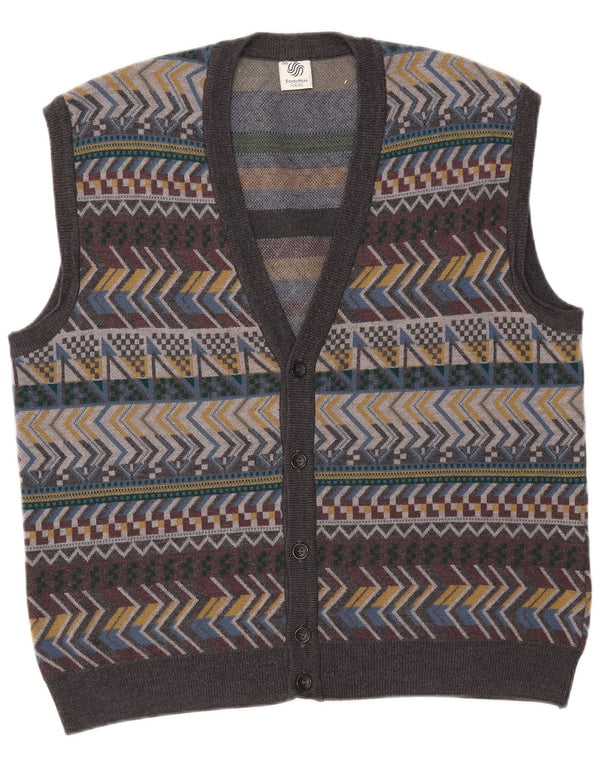 Vintage herre ærmeløs cardigan sweater IT 56 XL Grå geometrisk uld