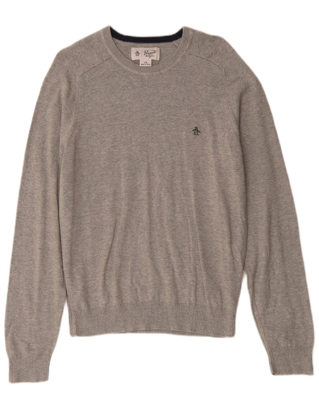 Penguin Mens Boat Neck Jumper Sweater Large Grey Cotton