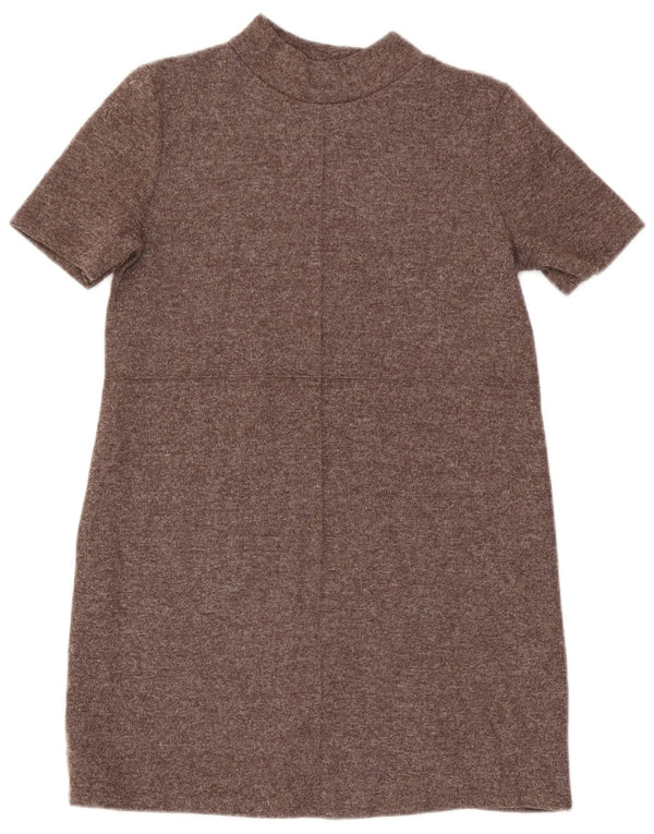 Zara Damen-Pulloverkleid mit kurzen Ärmeln, Gr. 44, groß, braun geflecktes Polyester
