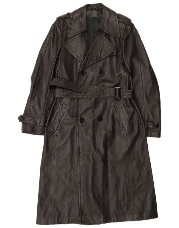 vintage Mens Militaire Double Breasted Manteau En Cuir UK 36 Petit Noir