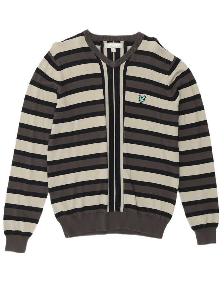LYLE & SCOTT Herre V-hals sweater mellem grå stribet bomuld