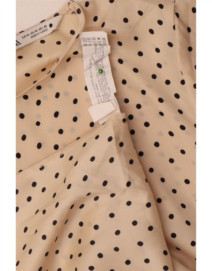 Zara Womens Long Sleeve Maxi Dress UK 14 Medium Beige Polka Dot Polyester