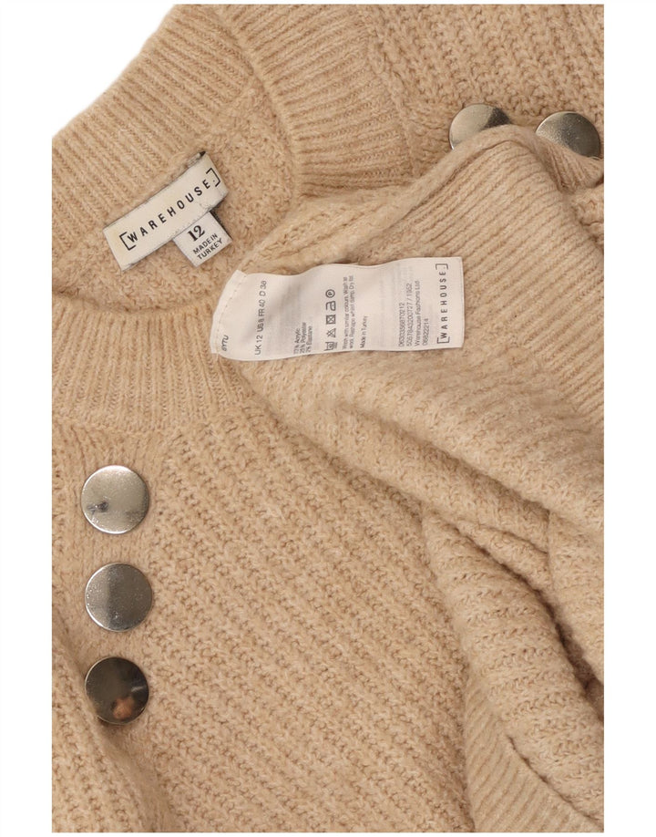 WAREHOUSE Womens Crew Neck Jumper Sweater UK 12 Medium Beige Acrylic