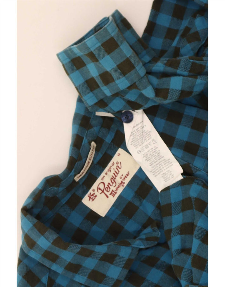 Penguin Mens Heritage Slim Fit Flannel Shirt Medium Blue Gingham Cotton