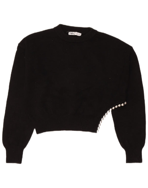 Zara Womens Crop Oversized Crew Neck Jumper Sweater UK 10 Small Black