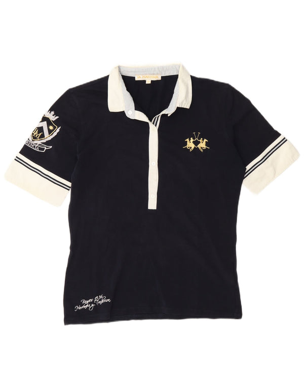 La Martina Womens Graphic Polo Shirt UK 18 XL Navy Blue Colourblock Cotton
