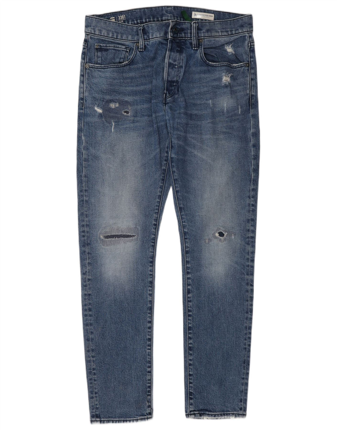 G-Star Mens 3301 Distressed Slim Jeans W33 L32 Blue Cotton