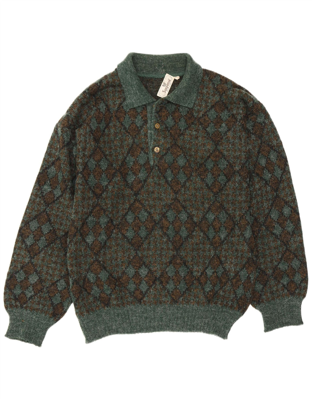 Suspense Mens Polo Neck Jumper Sweater IT 50 Medium Green Argyle/Diamond