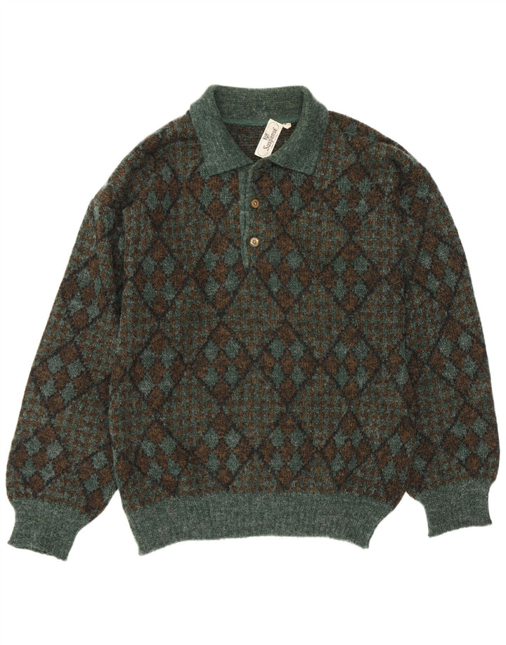 Suspense Mens Polo Neck Jumper Sweater IT 50 Medium Green Argyle/Diamond