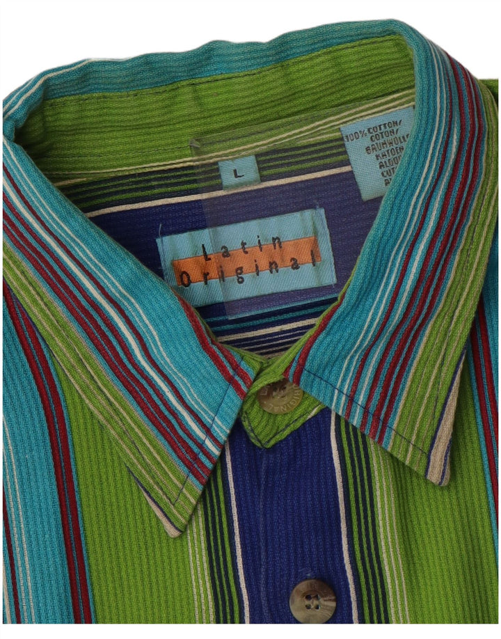 VINTAGE Mens Short Sleeve Shirt Large Multicoloured Striped Cotton
