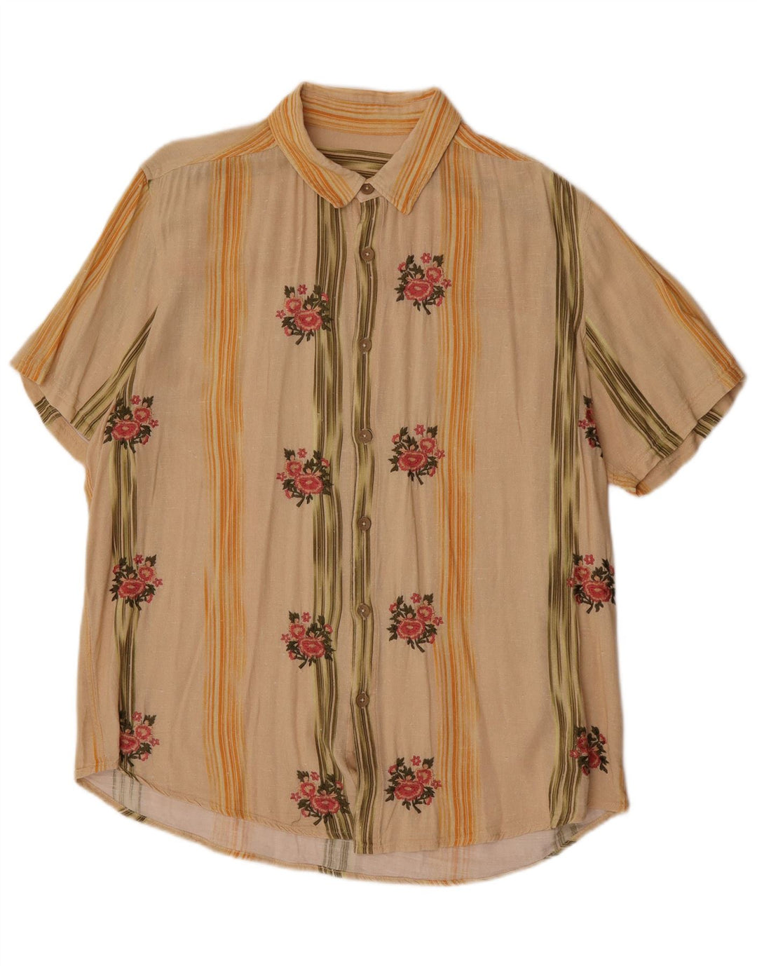 Vintage Mens Short Sleeve Shirt Large Beige Floral