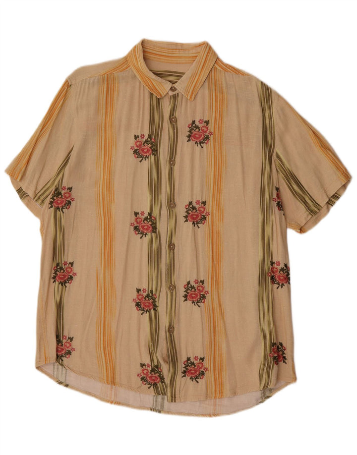 Vintage Mens Short Sleeve Shirt Large Beige Floral