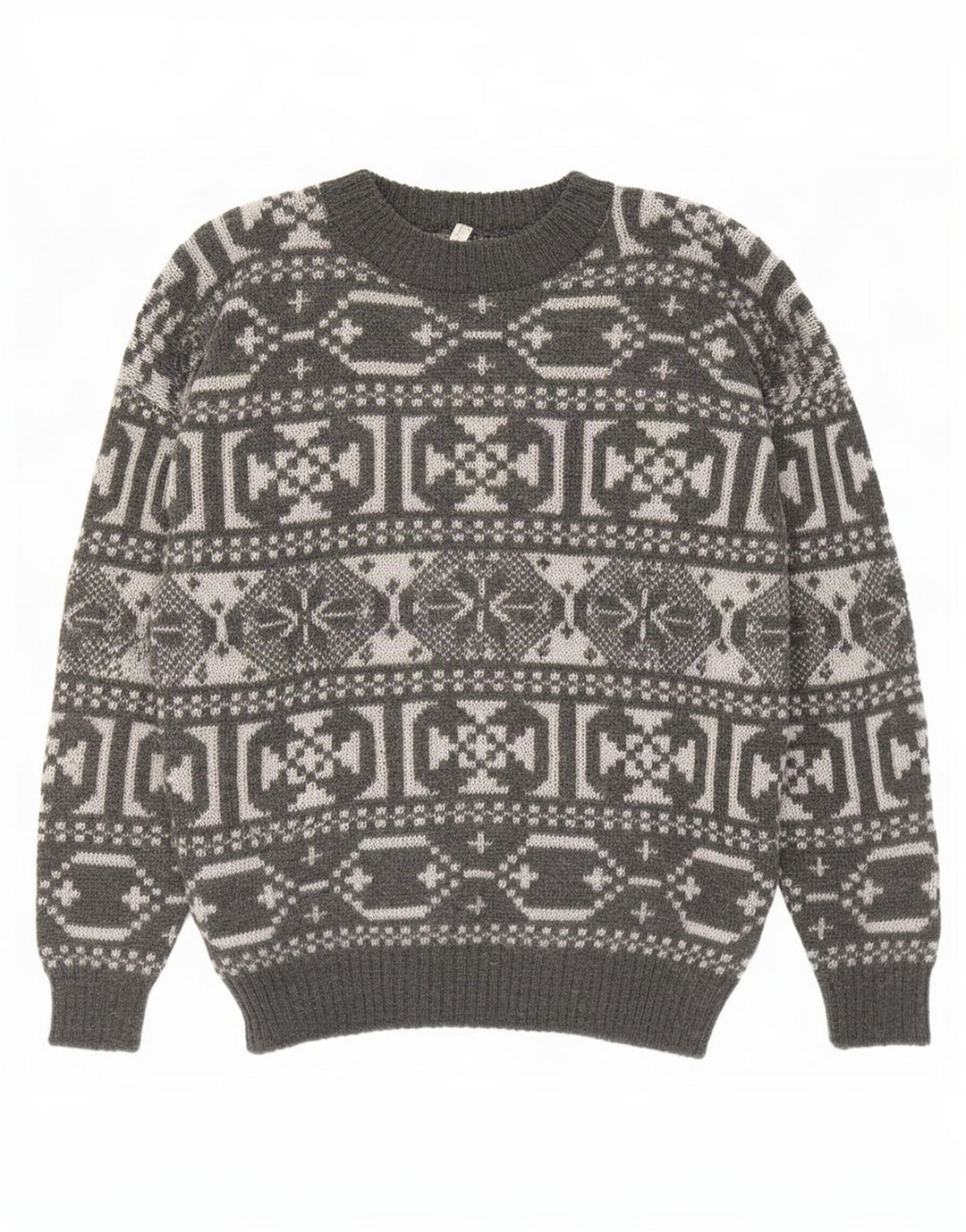 Maglione girocollo da uomo vintage in lana geometrica grigio medio
