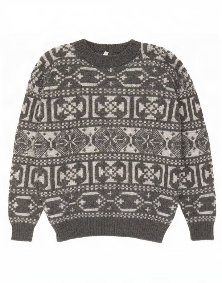 Maglione girocollo da uomo vintage in lana geometrica grigio medio