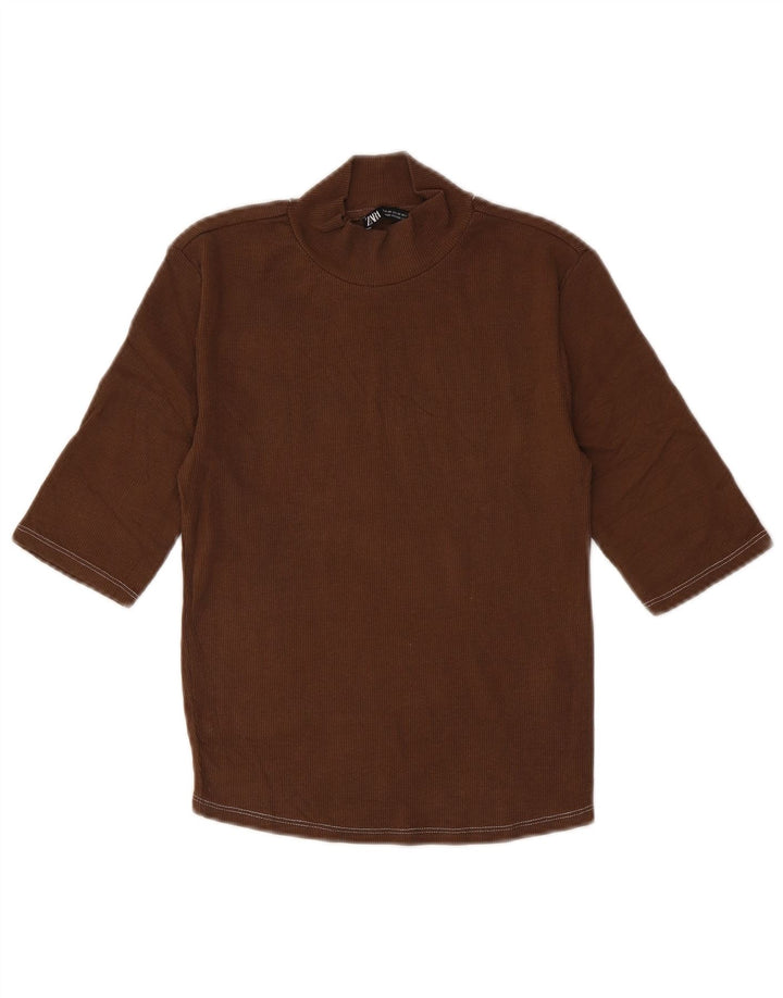 Zara Damen Crop Top 3/4 Ärmel UK 12 Mittelbraune Baumwolle