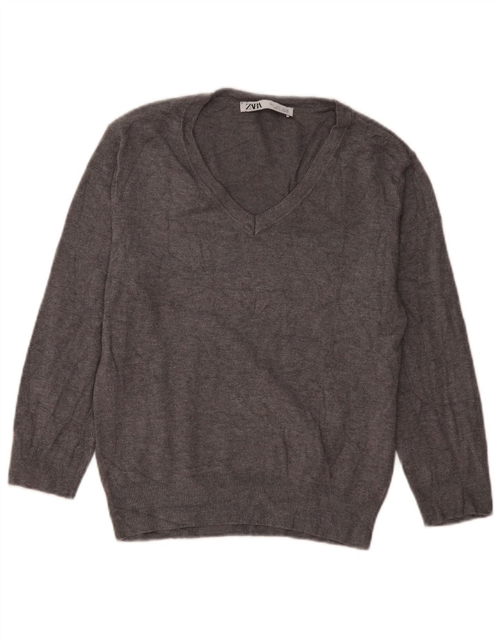 Zara Womens V-Neck Jumper Sweater UK 16 Large Grey