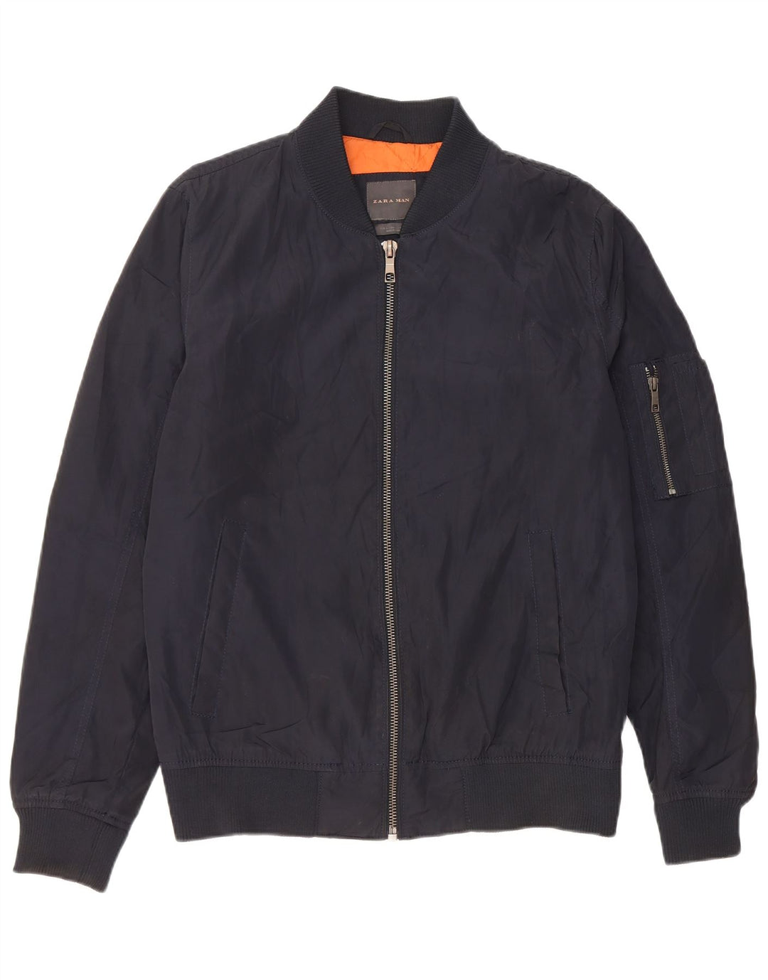 Zara Mens Bomber Jacket UK 40 Large Navy Blue Polyester