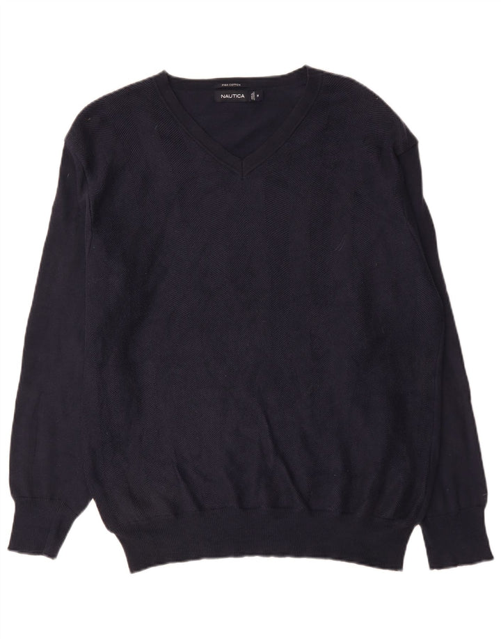 Nautica Mens V-Neck Jumper Sweater Medium Navy Blue Cotton