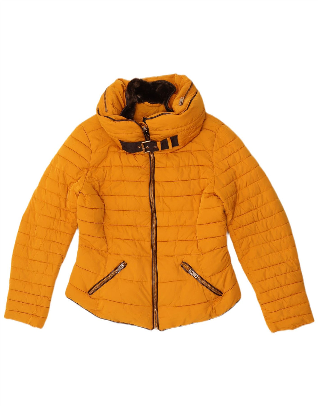 Zara Womens Hooded Padded Jacket UK 16 Large Yellow Polyester