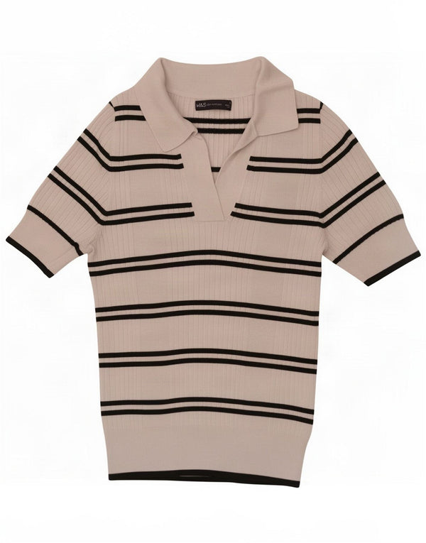 Marks & Spencer Womens Polo Shirt UK 10 Small White Striped Viscose