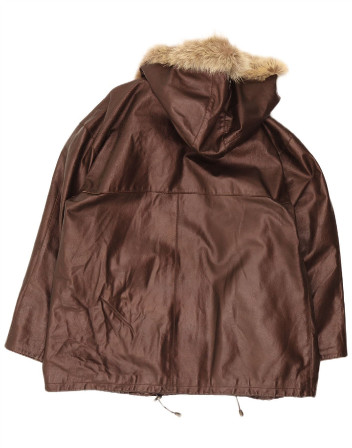 Vintage Womens Hooded Oversized Leather Jacket IT 48 XL Brown