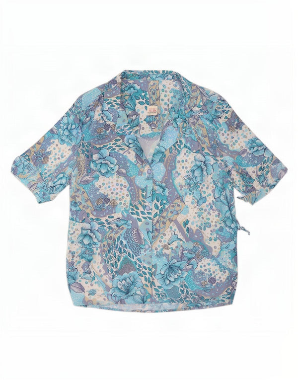 vintage Femme Chemise à manches courtes Blouse UK 16 Grand Bleu Floral Polyester