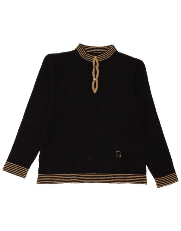 vintage Womens Turtle Neck Jumper Pull UK 12 Moyen Noir Rayé