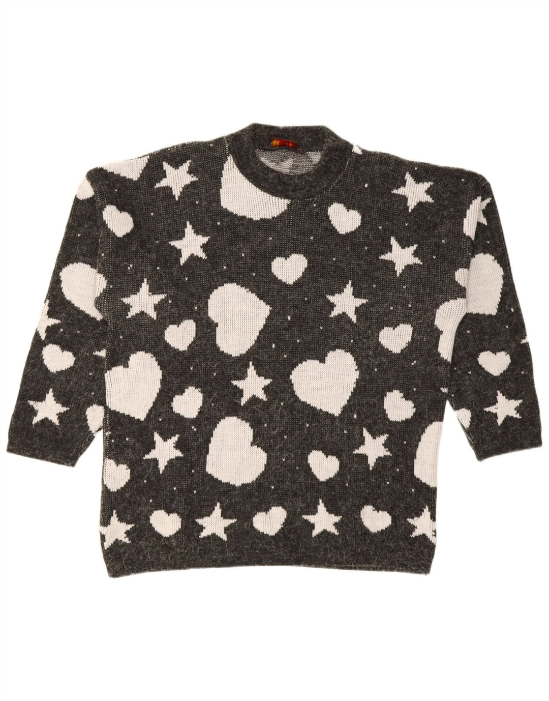 Maglione maglione girocollo da donna vintage con motivo astratto UK 14 grande nero