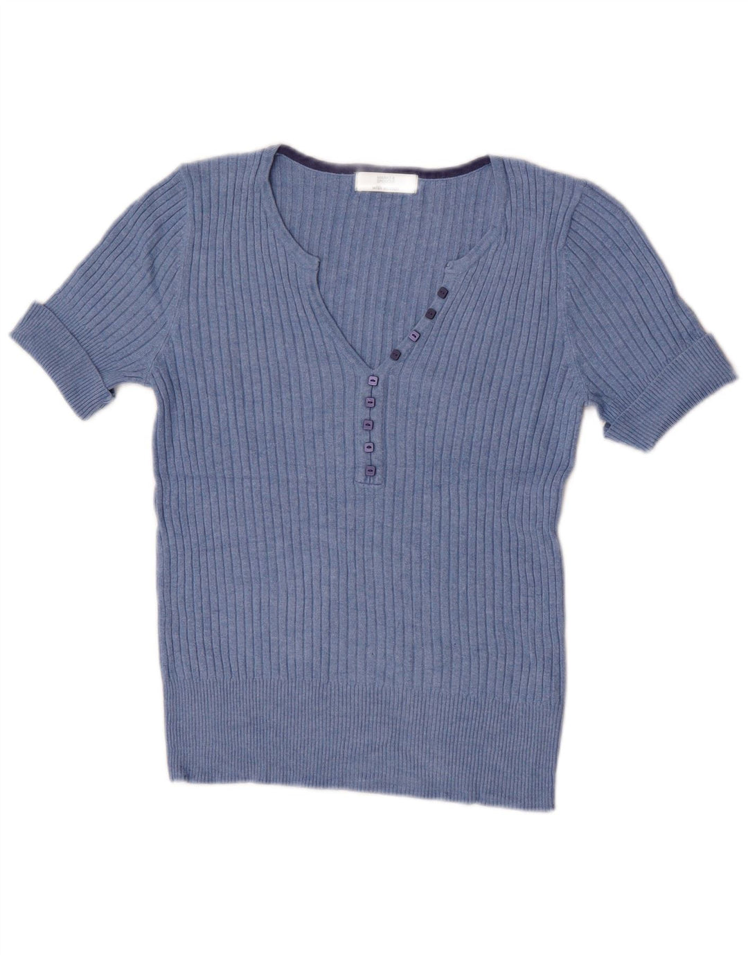 Marks & Spencer Womens Short Sleeve V-Neck Jumper Sweater UK 12 Medium Blue