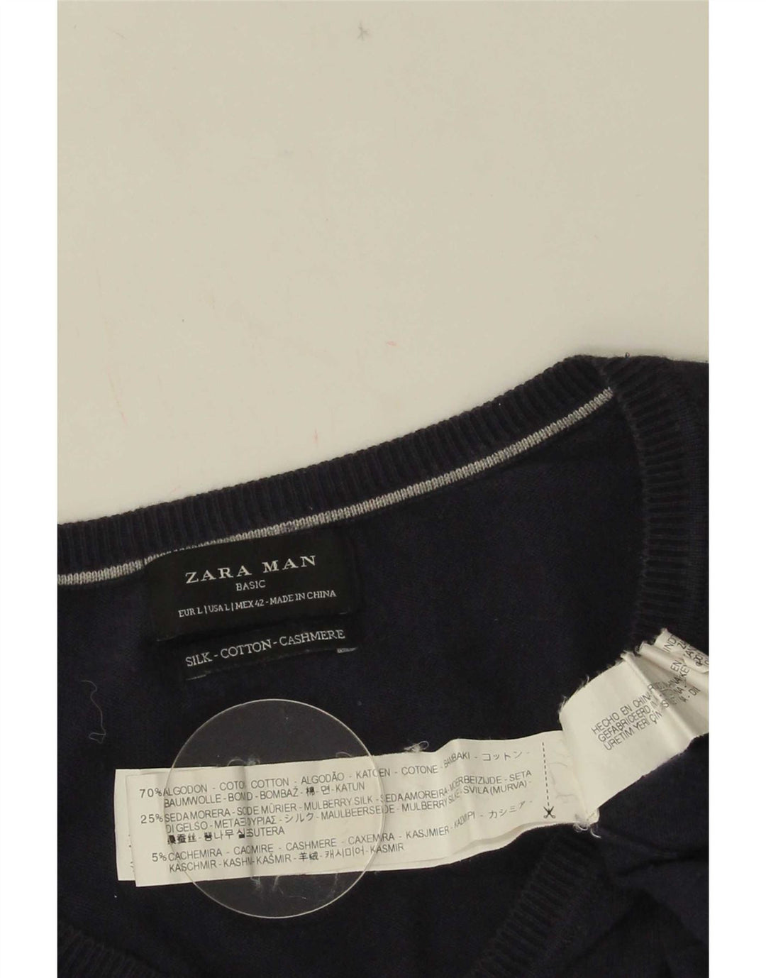 Zara Mens V-Neck Jumper Sweater Large Navy Blue Cotton