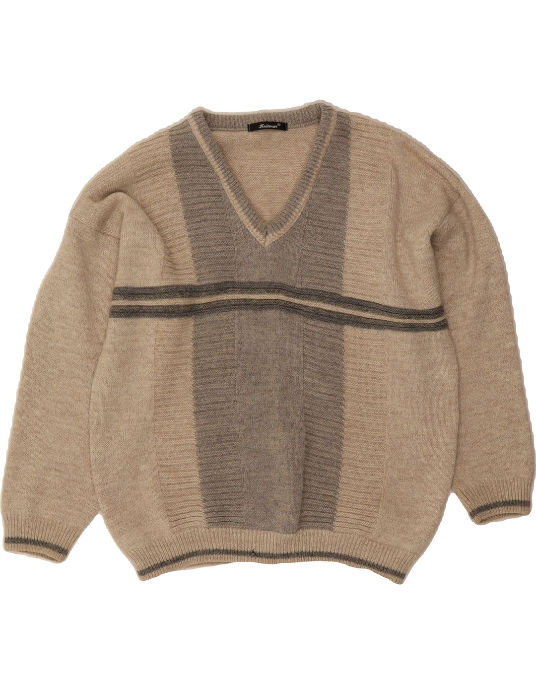 VINTAGE Mens V-Neck Jumper Sweater Medium Beige Striped Acrylic Vintage Vintage and Second-Hand Vintage from Messina Hembry 