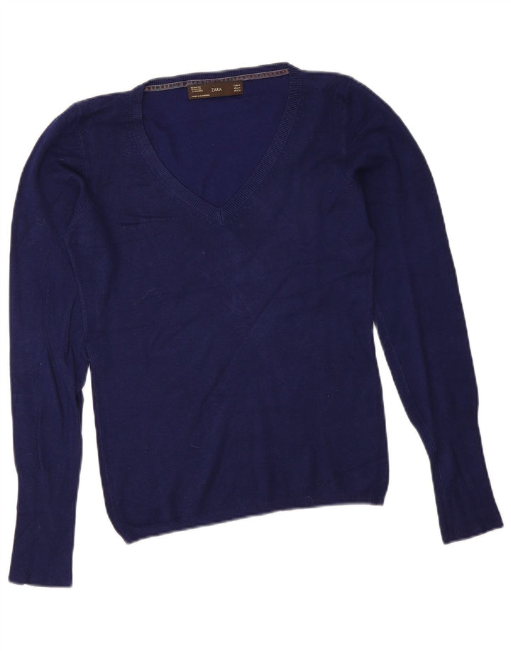 Zara Womens V-Neck Jumper Sweater UK 12 Medium Navy Blue Rayon