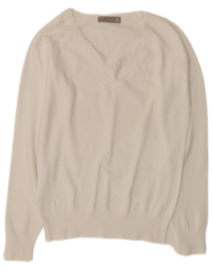ZARA Womens V-Neck Jumper Sweater UK 14 Large White
