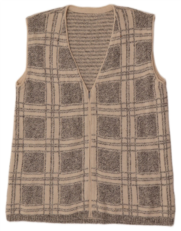 Vintage Mens Sleeveless Cardigan Sweater Small Grey Check