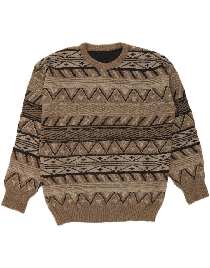 Vintage Mens Crew Neck Jumper Sweater Large Khaki Geometric