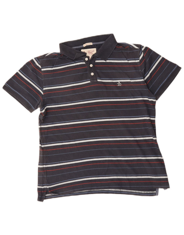 Penguin Mens Slim Fit Polo Shirt Medium Grey Striped Cotton